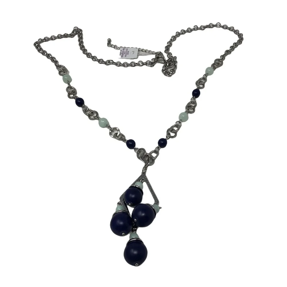 Lia Sophia Necklace Long Silvertone Blue Green Beads Statement‎
